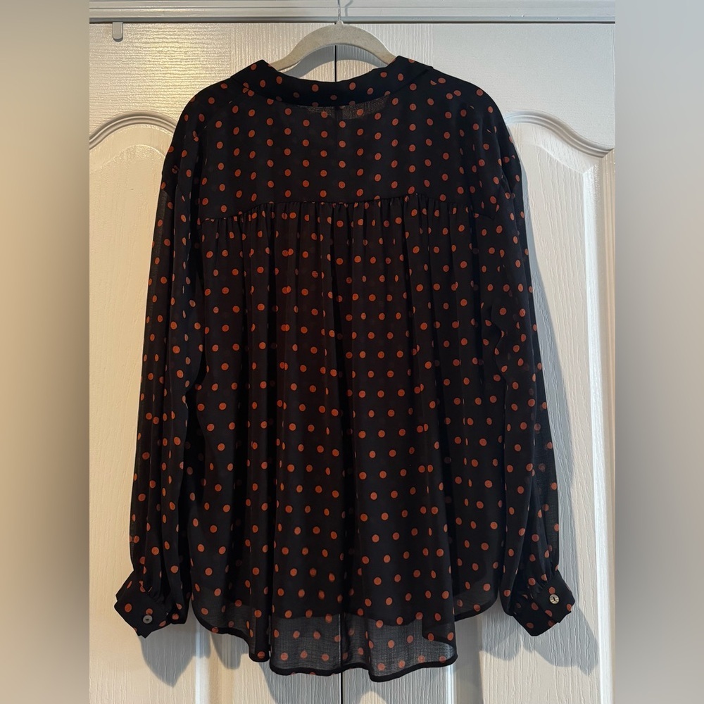 Free People Ciara Black with Orange Polka Dot Button Down Blouse - Size L - Picture 7 of 8